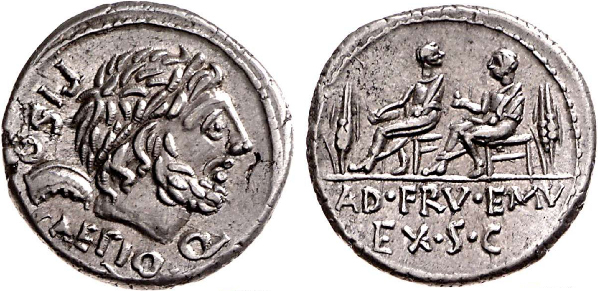 Denar des L. Calpurnius Piso und Q. Servilius Caepio, Rom um 100 v. Chr. 3,29 g, 19 mm.
